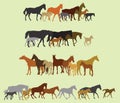 Set of isolated horses and foals silhouettes