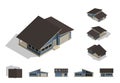 Set of isolated house building kit creation, detailed urban and rural house concept design in top, side, front, and back elevation