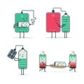 Set of isolated icons of cartoon batteries and powerbank. Charging the battery. First aid. Low battery status. Charge battery from