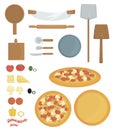 Set of isolated icons for cooking pizza. kitchen utensils, ingredients, pizza. cooking tools. vegetables