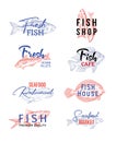 Set of isolated icons with fish sketches. Food