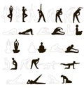 Set of isolated icons poses for fitness and yoga contour and silhouette. playing sports. figures of people.