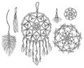 Set of isolated illustrations with dreamcatcher, macrame, lace. Pencil drawing. The print is used for Wallpaper design Royalty Free Stock Photo