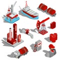 A set of isolated isometric illustrations, 3D icons of the oil industry.