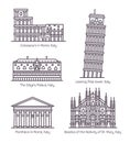 Set of isolated Italy monuments in thin line