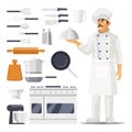 Set of isolated kitchen utensil and cook with hat Royalty Free Stock Photo