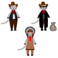 Set isolated kitten cat in cartoon style in costume of american indian, cowboy and mobster gangster robber. Simple flat