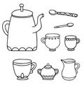 Set of isolated line drawing tea time supplies