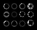 Set of Isolated loading icons collection on black background, load bar icons in a row, Buffer loader or preloaded. Download or Royalty Free Stock Photo
