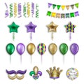 Set of isolated mardi gras balloons, streamers and pennants. mardi gras party elements