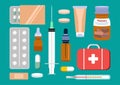 Set of isolated medicines. Flat vector illustration isolated. Set of medicine related.Contains such icons as pills. First aid kit. Royalty Free Stock Photo