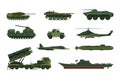 Set of isolated war or military vehicle, ship