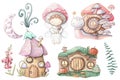 Set of isolated mushroom fairy house illustration.Cute cartoon elven, fairy or gnome houses in the form of pumpkin, tree