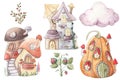 Set of isolated mushroom fairy house illustration.Cute cartoon elven, fairy or gnome houses in the form of pumpkin, tree Royalty Free Stock Photo