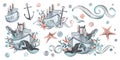 Set of isolated nautical compositions with whales, steamboats and seashells. Watercolor illustration. hand-drawn on a