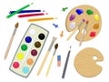 A set of isolated objects for drawing and creative work. Paints, palette and brushes with coloured pencils. Subjects for school ed