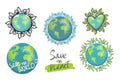 Set of isolated planets for earth day concept. planet with eco leaves. Ecology green energy. Save the Planet. hand drawing