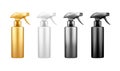 Set of isolated plastic spray pistol reiniger bottle mockups - golden, silver, white, black.