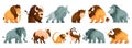Set of isolated primitive animals, antediluvian beasts of the Stone Age. Elephant, mammoth, buffalo, bull, bison, saber Royalty Free Stock Photo