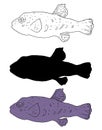 A set of isolated Pufferfish vector elements from a black outline and silhouette and a purple image. hand-drawn sketch-style