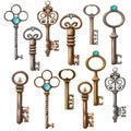 Set with isolated realistic images of vintage keys
