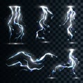 Set isolated realistic lightnings with transparency for design