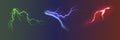 Set of the isolated realistic lightnings with transparency for design. Thunder-storm and lightnings. Magic and bright lighting Royalty Free Stock Photo