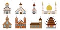 Set isolated religious buildings. Different churches, pagoda, synagogue, mosque. Spiritual architecture collection.