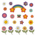 Set of isolated retro groovy flowers, rainbow, butterfly