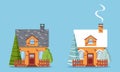 Set of isolated rural farm red brick houses with attic, chimney, fences, with winter and summer trees and spruces