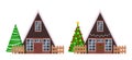 Set of isolated rural farm wood a-frame houses with fences decorated garland and wreath, spruces, christmas tree