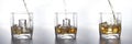 set of Isolated shots of whiskey with splash on white background