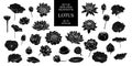 Set of isolated silhouette lotus in 32 styles. Vector Royalty Free Stock Photo