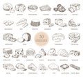 Set of isolated sketches of cheese types