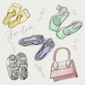 Set of isolated sketches of woman shoes. Hand drawn peep toe and stiletto. Footwear and lady clothing, vogue theme.