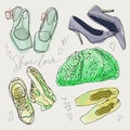 Set of isolated sketches of woman shoes. Hand drawn peep toe and stiletto. Footwear and lady clothing, vogue theme