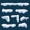 Set of Isolated snow cap. Snowy elements on dark background. Realistic vector image