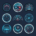 Set of isolated speedometers for dashboard. Analog and digatal devices for measuring speed and futuristic speedometer Royalty Free Stock Photo