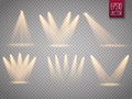 Set of isolated spotlights. Sun rays with beams isolated on transparent background. Sun flash. Vector illustration Royalty Free Stock Photo