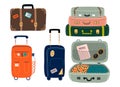 Set of Isolated Suitcases with wheels. Travel bags with various stickers.Hand drawn vector illustration in flat cartoon style