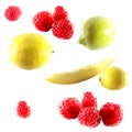 Set of isolated summer fresh fruits, berries in composition. Group photo lemon, raspberry, melon isolated on white background