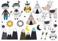 Set of isolated tribal boy and animals in Scandinavian style