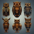 Set of isolated tribal owls