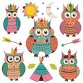 Set of isolated tribal owls