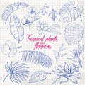 Set of isolated tropical plants and flowers on paper