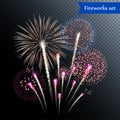 Set of isolated vector fireworks on transparent background Royalty Free Stock Photo