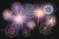 Set of isolated vector fireworks on a transparent background.