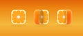 Set of isolated vector icons of square cut orange mandarin. 3D cartoon illustration of juicy ripe tangerine for citrus