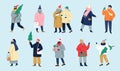 Set of isolated vector illustration of people wearing warm winter clothes. Royalty Free Stock Photo