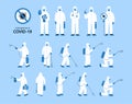 Set of isolated vector illustrations in flat style. Man in white hazmat suit, mask. Disinfection, decontamination in